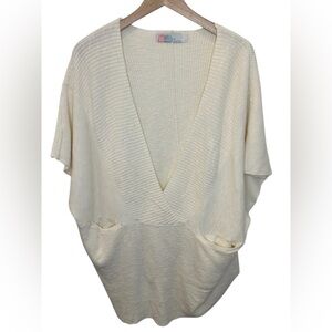 Free People Beach Jaclyn Tunic Sweater Cream Knit V-Neck Medium Linen Blend